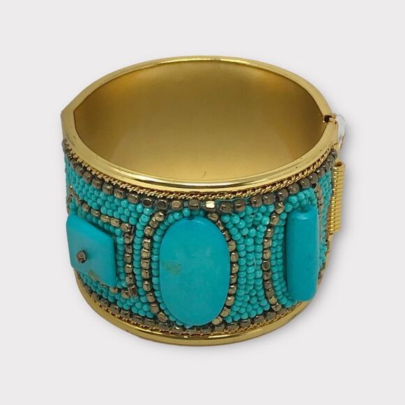 Cuff Boho Bracelet Gold Tone &  Glass Beads with Faux Turquoise - Picture 1 of 6